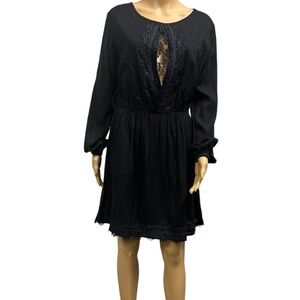 Roxy Side Of Motion Long Cutout Sleeve Lace Accent Elastic Waist Black Dress L